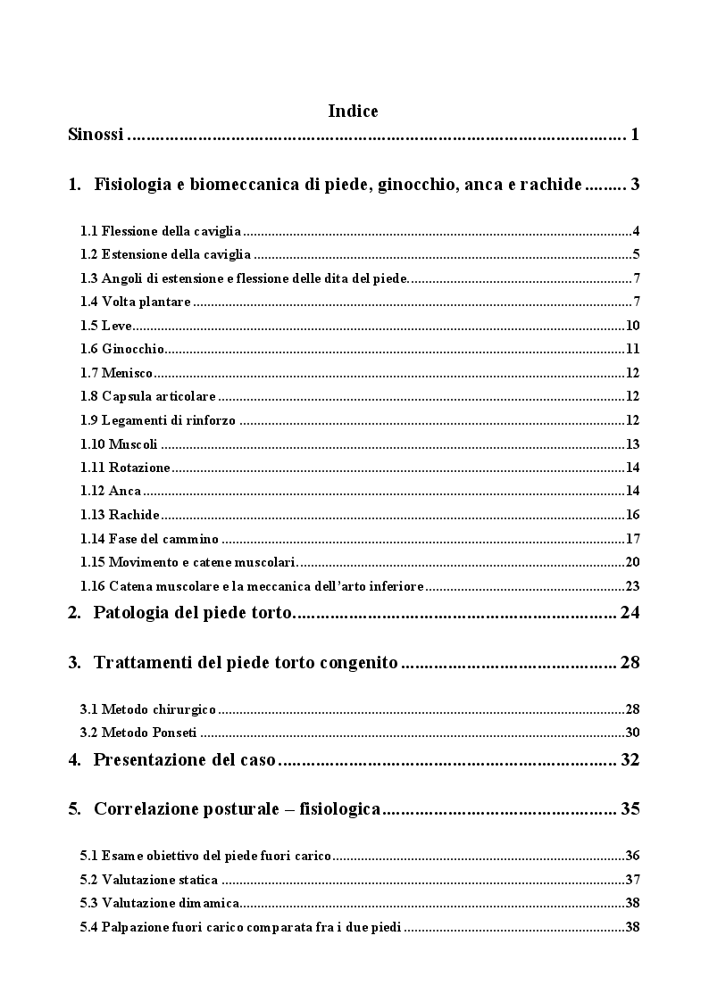 Indice della tesi: Benefici dello sport sul piede torto congenito, Pagina 1