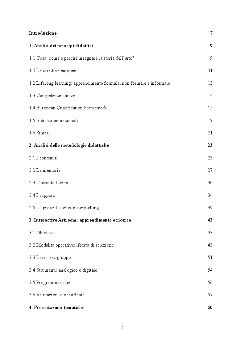 Indice della tesi: Interactive Artroom. Proposte per un insegnamento relazionale e tematico della storia dell’arte nel liceo classico, Pagina 1