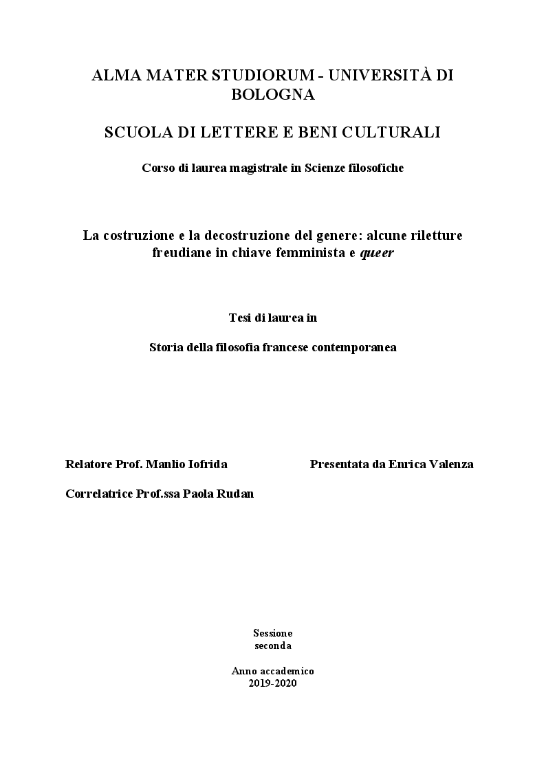 Anteprima della tesi: La costruzione e la decostruzione del genere: alcune riletture freudiane in chiave femminista e queer, Pagina 1