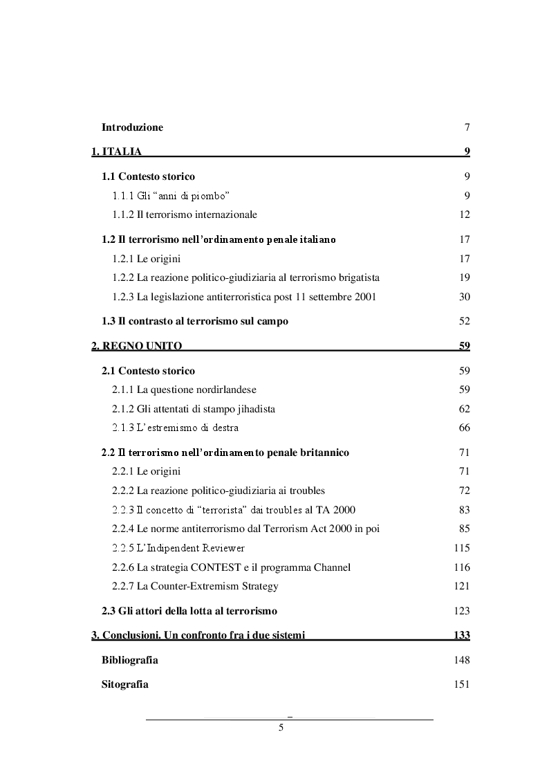 Indice della tesi: Antiterrorismo in Italia e nel Regno Unito: due sistemi a confronto, Pagina 1