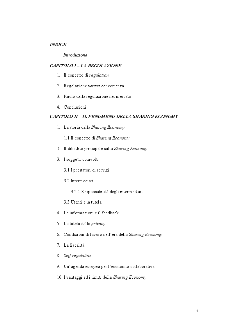 Indice della tesi: La regolazione amministrativa della Sharing Economy, Pagina 1
