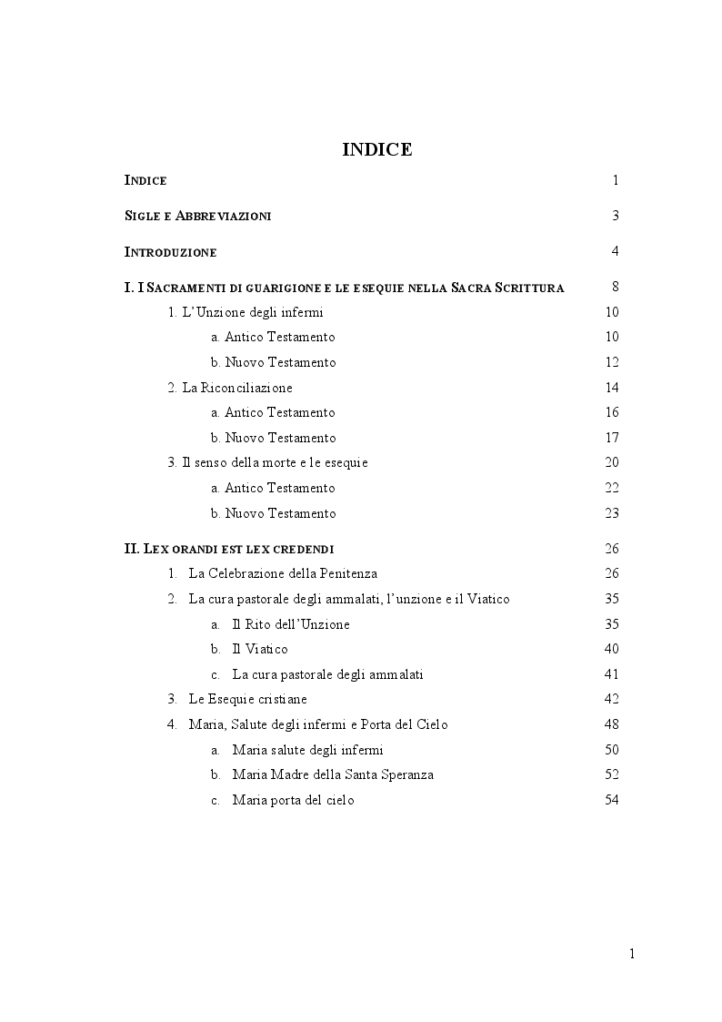 Indice della tesi: Tra fede e vuoto: l'accoglienza pastorale dei sacramenti di guarigione e della celebrazione delle esequie, Pagina 1