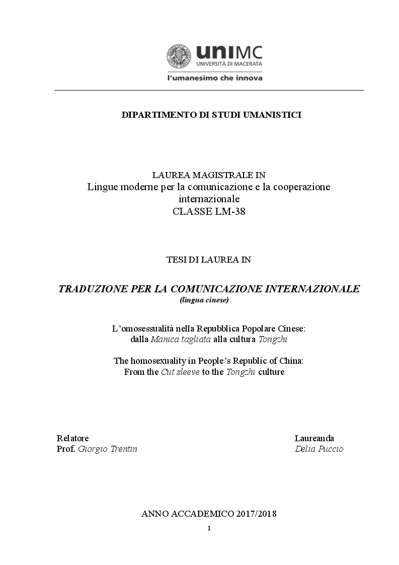 Anteprima della tesi: L’omosessualità nella Repubblica Popolare Cinese: dalla Manica tagliata alla cultura Tongzhi, Pagina 1