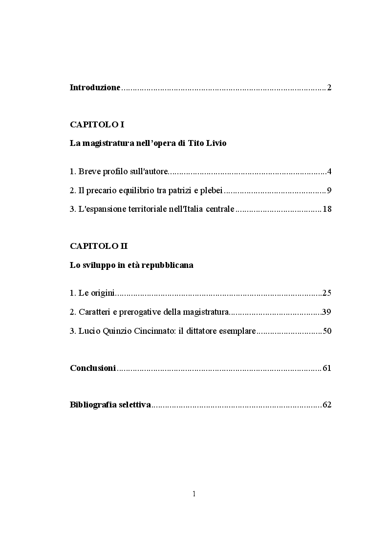 Indice della tesi: Aspetti evolutivi della dittatura in Roma arcaica, Pagina 1