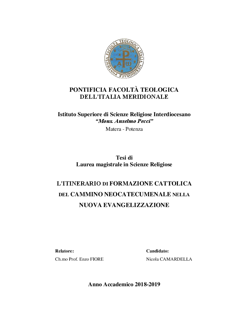 Anteprima della tesi: L'itinerario di formazione cattolica del Cammino Neocatecumenale nella nuova evangelizzazione, Pagina 1