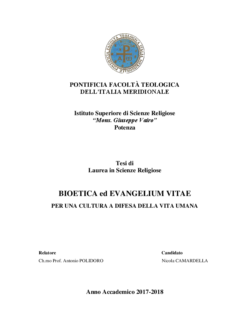 Anteprima della tesi: Bioetica ed Evangelium Vitae. Per una cultura a difesa della vita umana., Pagina 1