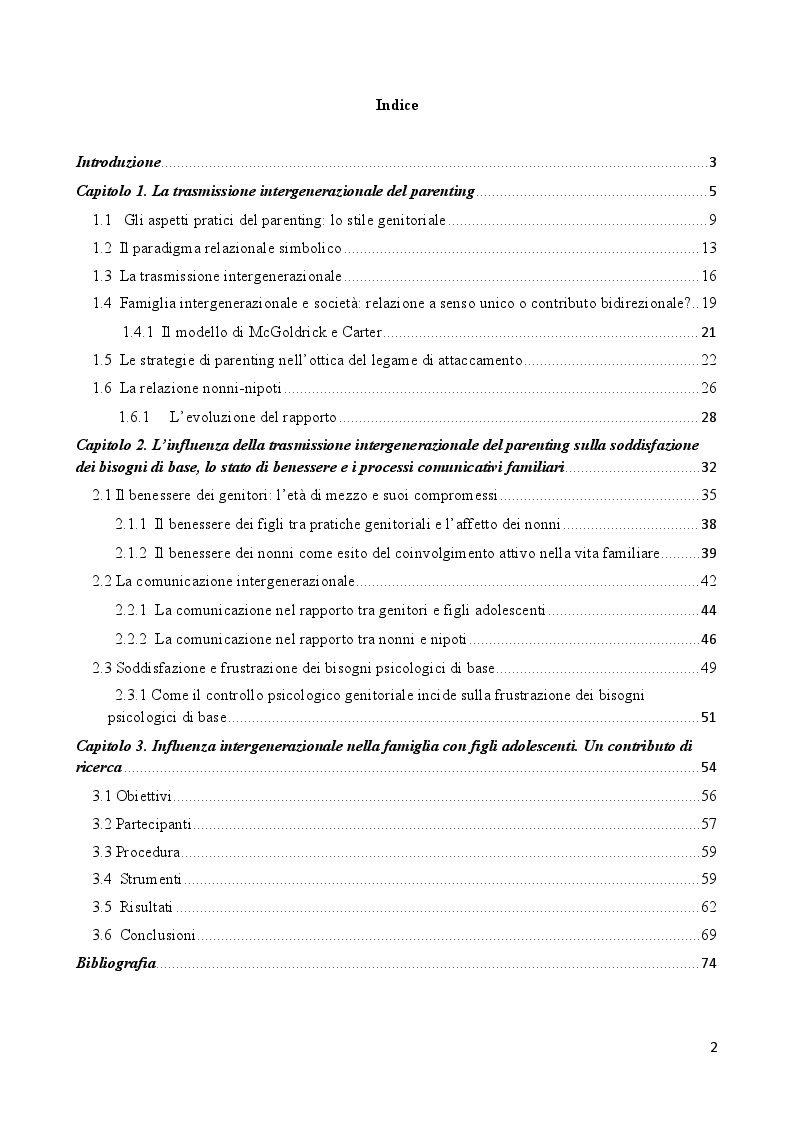 Indice della tesi: Trasmissione intergenerazionale delle strategie di parenting nell’ottica della Self Determination Theory, Pagina 1