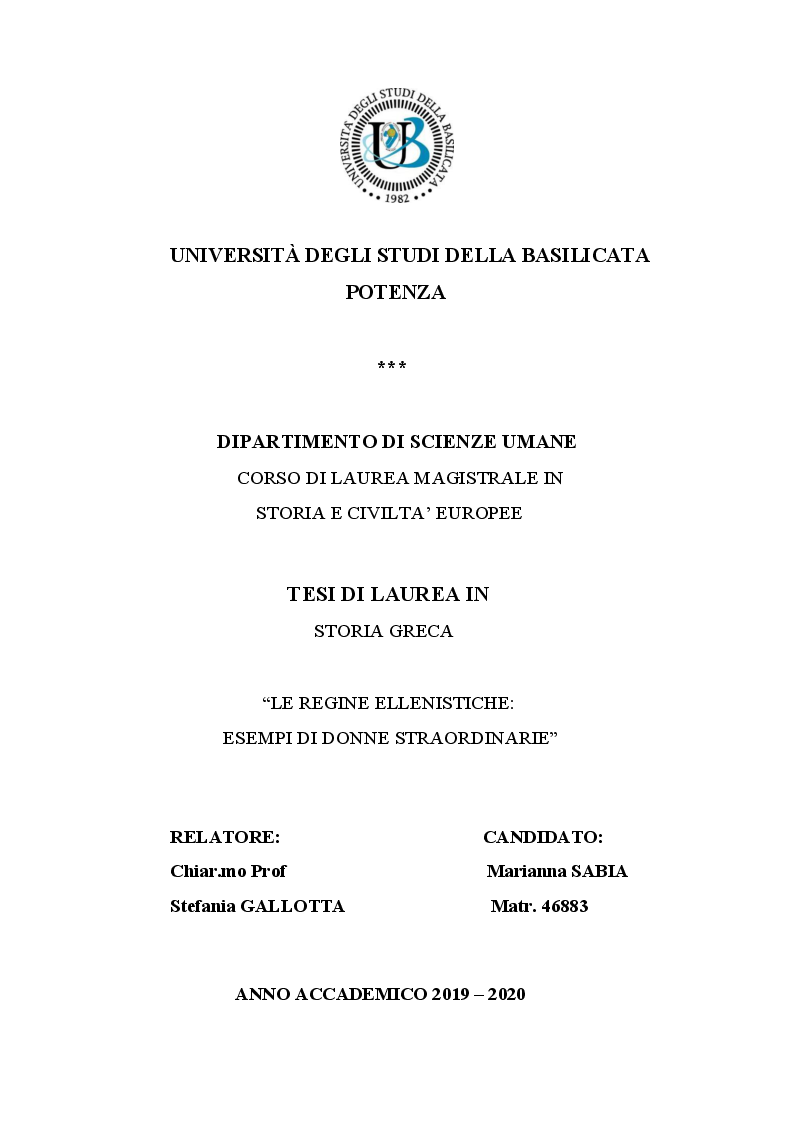 Anteprima della tesi: Le regine ellenistiche: esempi di donne straordinarie, Pagina 1