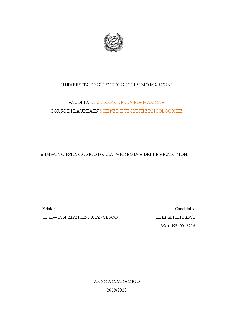 Anteprima della tesi: Impatto psicologico della pandemia e delle restrizioni, Pagina 1