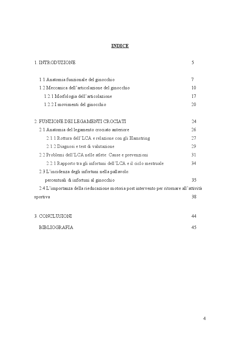 Indice della tesi: Rottura del legamento crociato anteriore nel volley femminile: meccanismi traumatici e misure preventive, Pagina 1