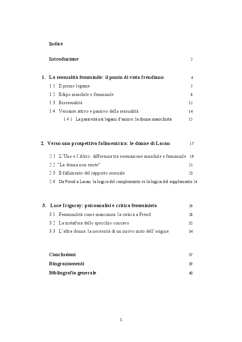 Indice della tesi: La questione femminile: lo sviluppo del concetto psicoanalitico di femminilità tra Freud, Lacan e Irigaray, Pagina 1