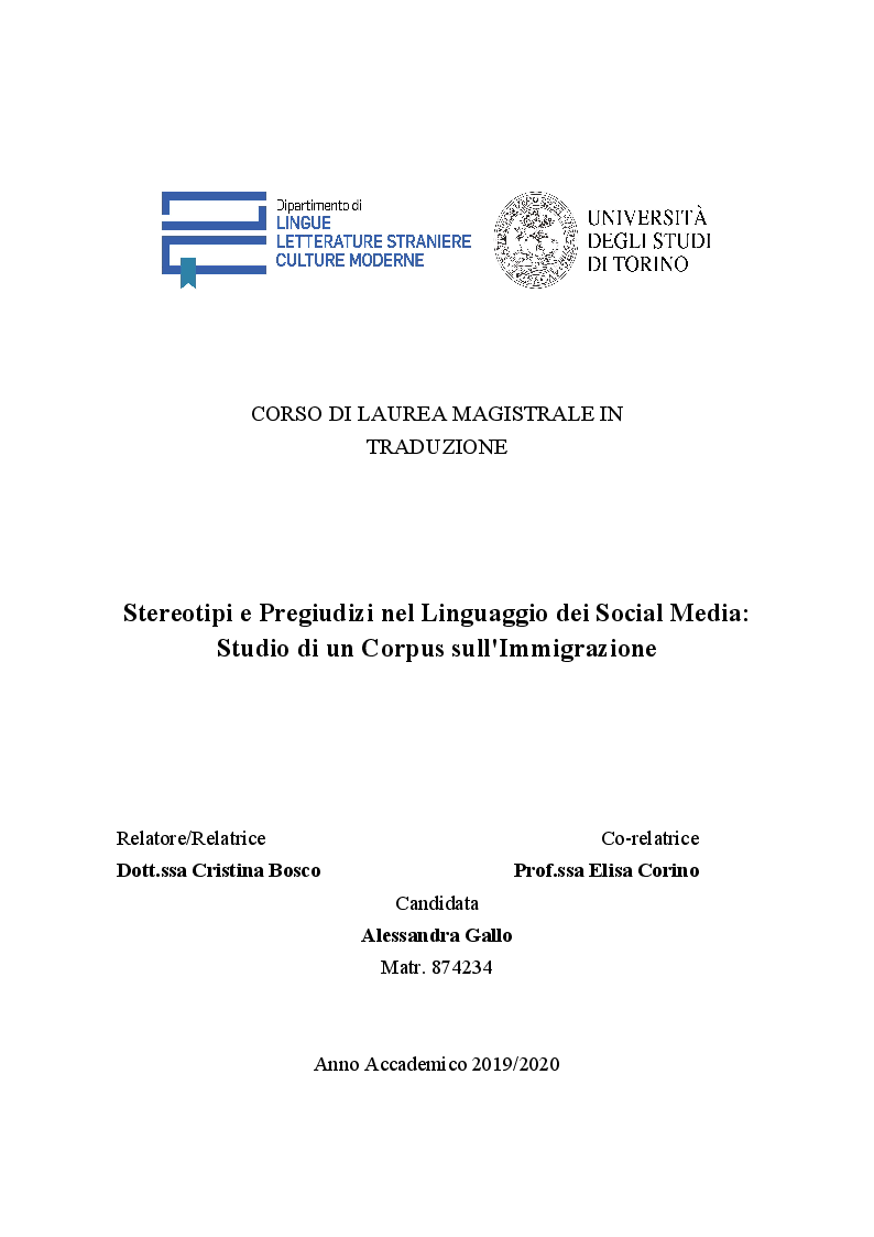 Anteprima della tesi: Stereotipi e Pregiudizi nel Linguaggio dei Social Media: Studio di un Corpus sull'Immigrazione, Pagina 1