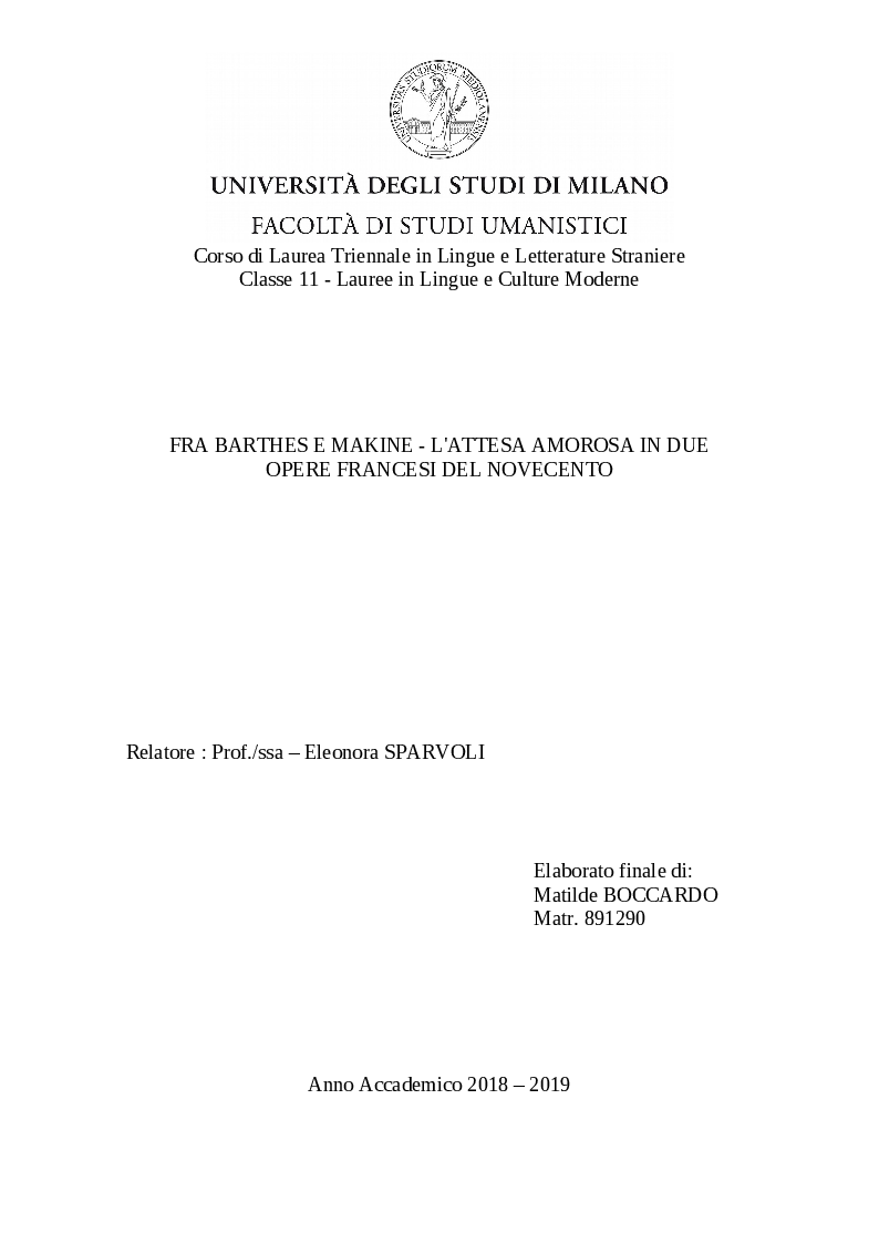 Anteprima della tesi: Fra Barthes e Makine - L'attesa amorosa fra due opere francesi del Novecento, Pagina 1