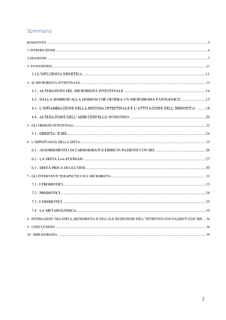 Indice della tesi: Sindrome del Colon Irritabile e l'importanza della dieta, Pagina 1