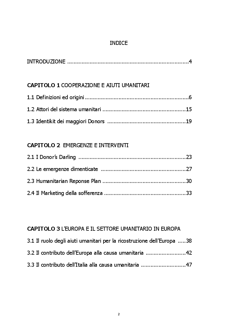 Indice della tesi: Gli aiuti umanitari: una critica al discorso internazionale, Pagina 1