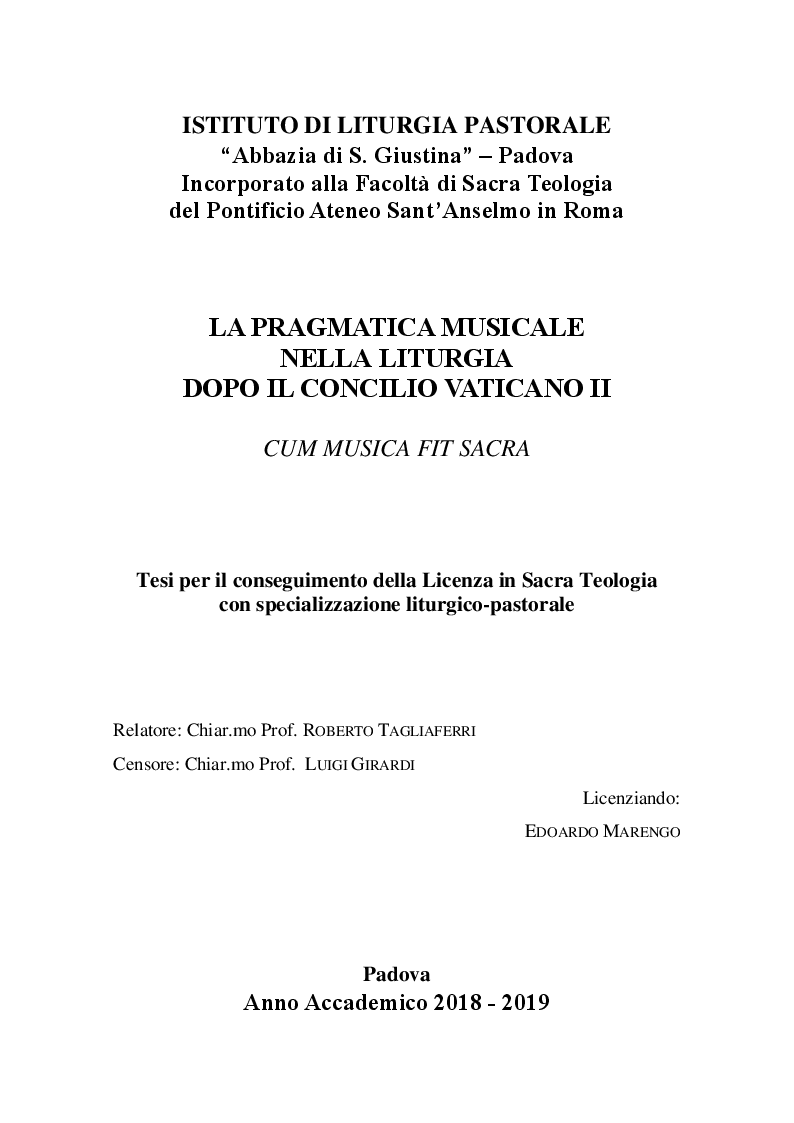 Anteprima della tesi: La pragmatica musicale nella comunicazione liturgica dopo il Concilio Vaticano II. Cum musica fit sacra., Pagina 1