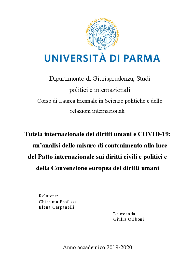 Anteprima della tesi: TUTELA INTERNAZIONALE DEI DIRITTI UMANI E COVID-19: un'analisi delle misure di contenimento alla luce del Patto internazionale sui diritti civili e politici e della Convenzione europea dei diritti umani, Pagina 1