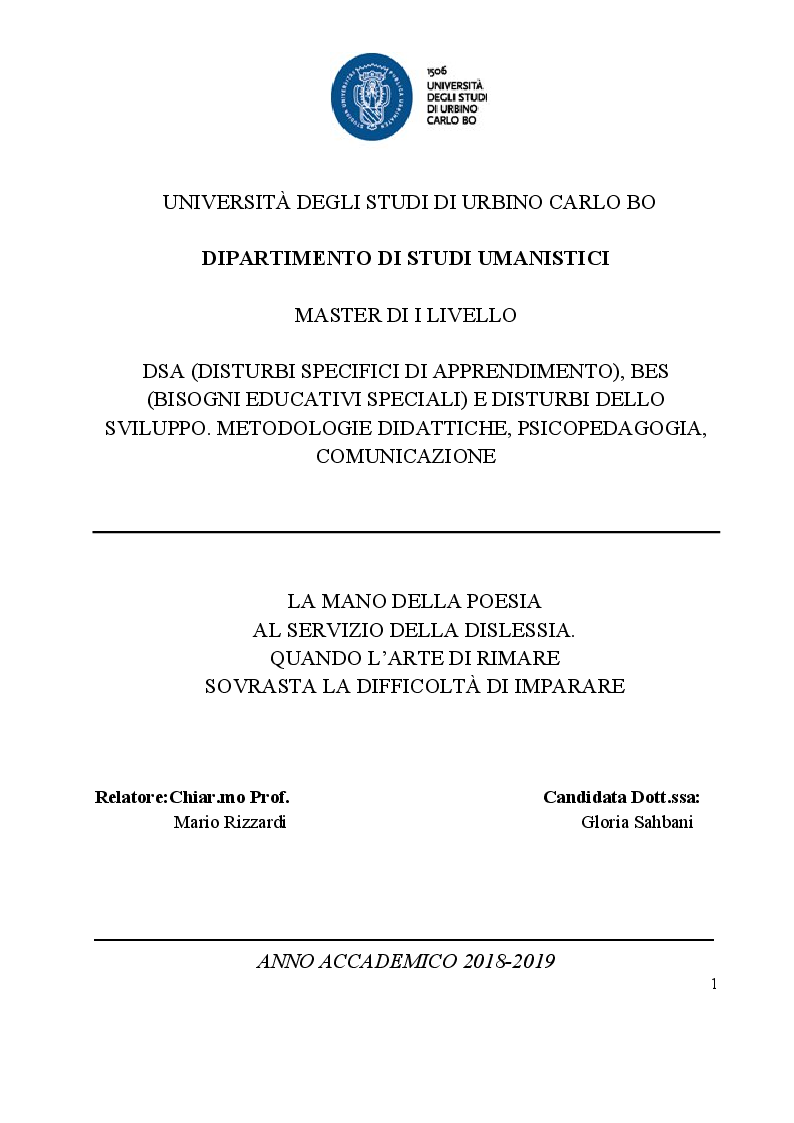 Anteprima della tesi: La mano della poesia al servizio della dislessia. Quando l'arte di rimare sovrasta la difficoltà di imparare, Pagina 1