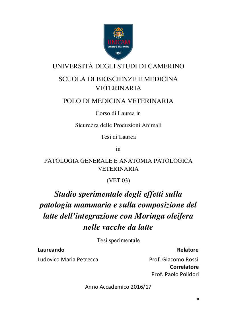 Anteprima della tesi: Studio sperimentale degli effetti sulla patologia mammaria e sulla composizione del latte dell’integrazione con Moringa oleifera nelle vacche da latte, Pagina 1