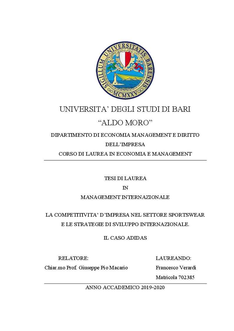 Anteprima della tesi: La competetitività d'impresa nel settore dello sportswear e le strategie di sviluppo internazionale . Il caso Adidas, Pagina 1