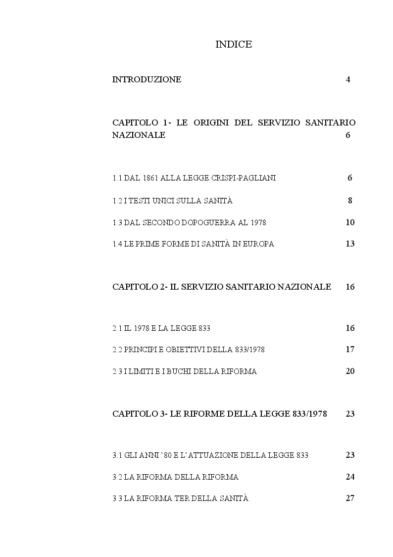 Indice della tesi: Il Servizio Sanitario Nazionale Italiano: le origini, l'evoluzione e la reazione al Covid-19, Pagina 1
