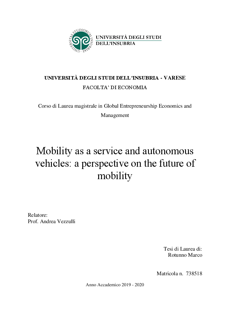 Anteprima della tesi: Mobility as a service and autonomous vehicles: a perspective on the future of mobility, Pagina 1