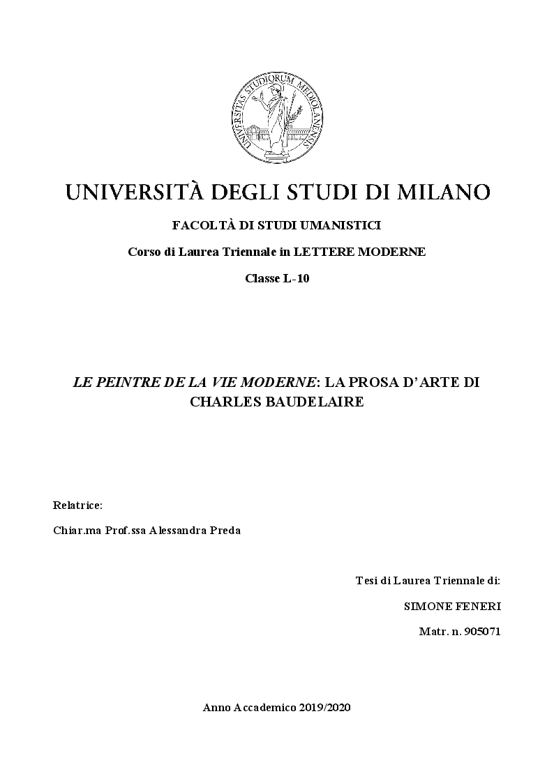 Anteprima della tesi: ''Le Peintre de la vie moderne'': la prosa d'arte di Charles Baudelaire, Pagina 1