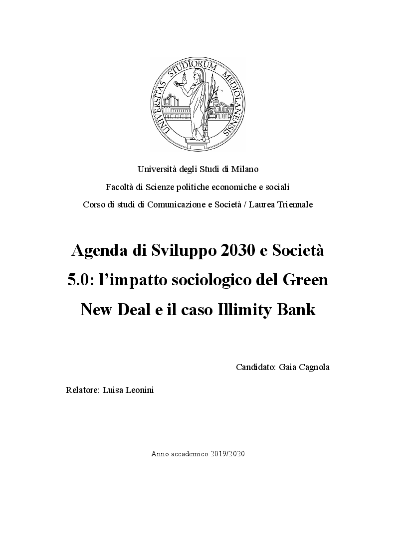Anteprima della tesi: Agenda di Sviluppo 2030 e Società 5.0: l’impatto sociologico del Green New Deal e il caso Illimity Bank, Pagina 1