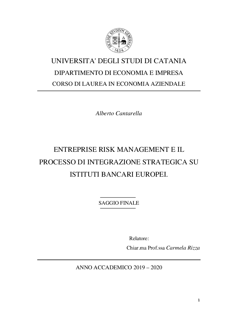 Anteprima della tesi: Entreprise Risk Management e il Processo di Integrazione Strategica su Istituti Bancari Europei, Pagina 1
