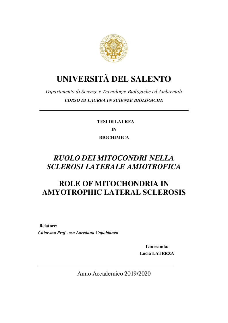 Anteprima della tesi: Ruolo dei mitocondri nella sclerosi laterale amiotrofica, Pagina 1