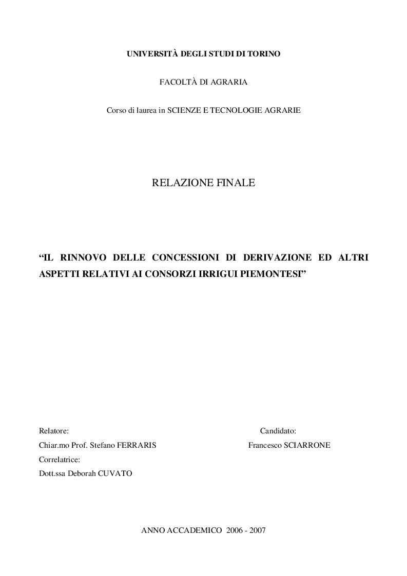 Anteprima della tesi: Il rinnovo delle concessioni di derivazione ed altri aspetti relativi ai consorzi irrigui piemontesi, Pagina 1