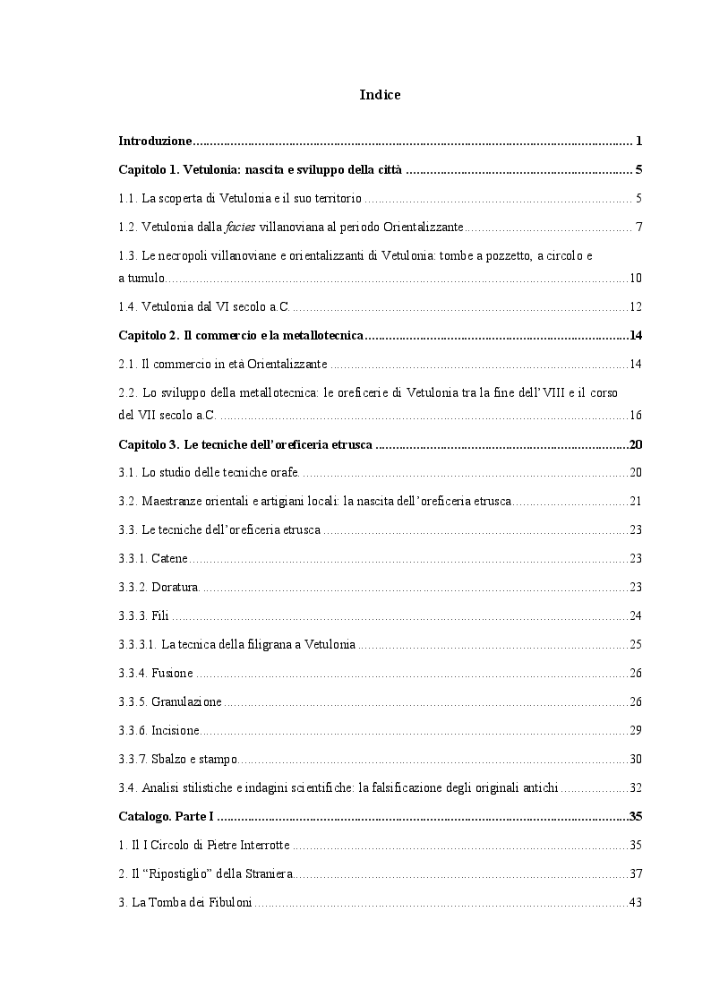 Indice della tesi: Le oreficerie di Vetulonia tra il tardo villanoviano e il periodo Orientalizzante, Pagina 1