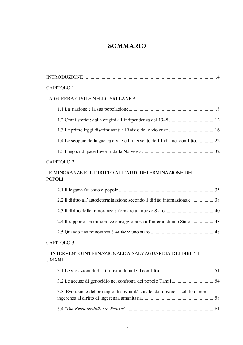 Indice della tesi: Il problema dell'ingerenza umanitaria e del diritto dell'autodeterminazione dei popoli nello Sri Lanka, Pagina 1