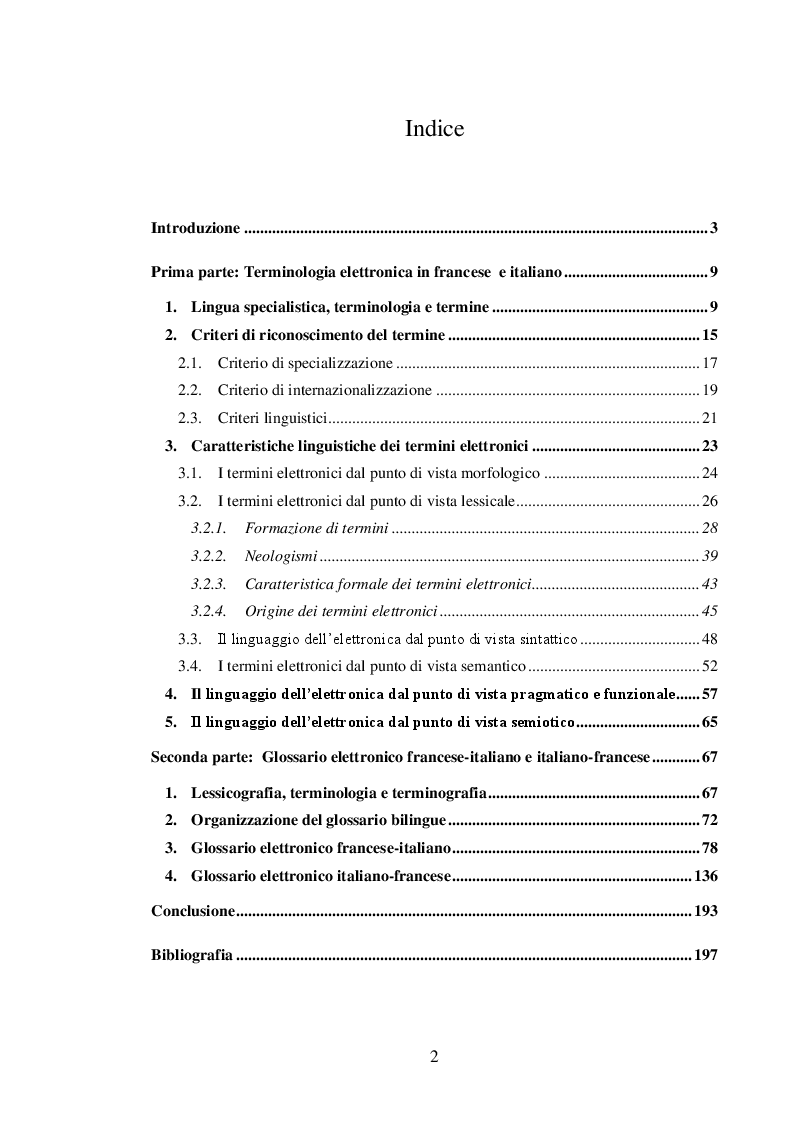 Indice della tesi: Terminologia elettronica in francese e italiano, Pagina 1