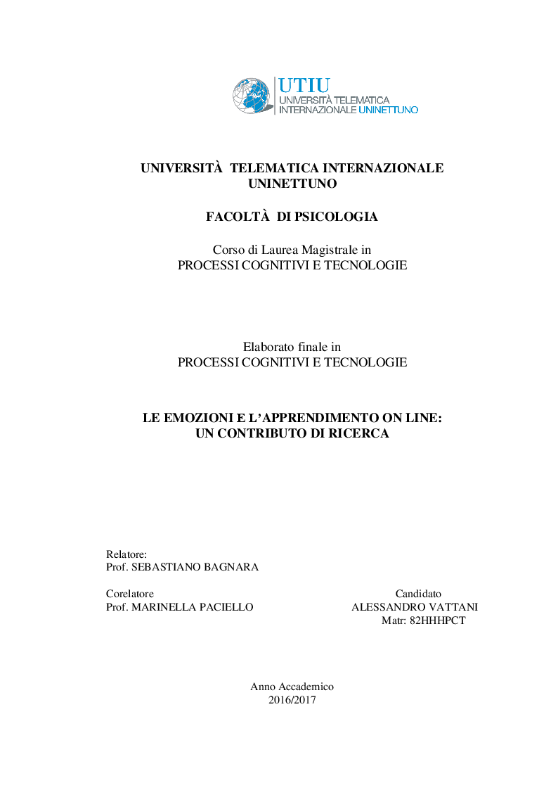 Anteprima della tesi: Le emozioni e l'apprendimento on line: un contributo di ricerca, Pagina 1