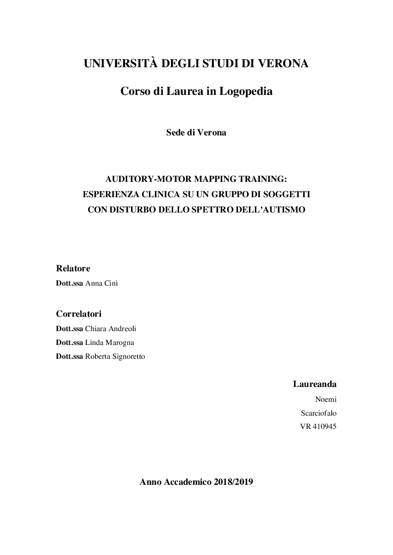 Anteprima della tesi: Auditory-Motor Mapping Training: Esperienza clinica su un gruppo di soggetti con Disturbo dello Spettro dell'Autismo, Pagina 1