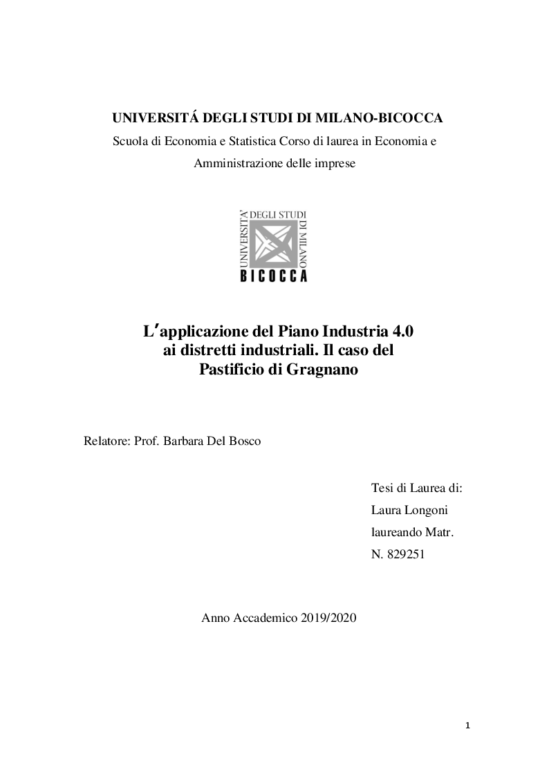 Anteprima della tesi: L’applicazione del Piano Industria 4.0 ai distretti industriali. Il caso del Pastificio di Gragnano, Pagina 1