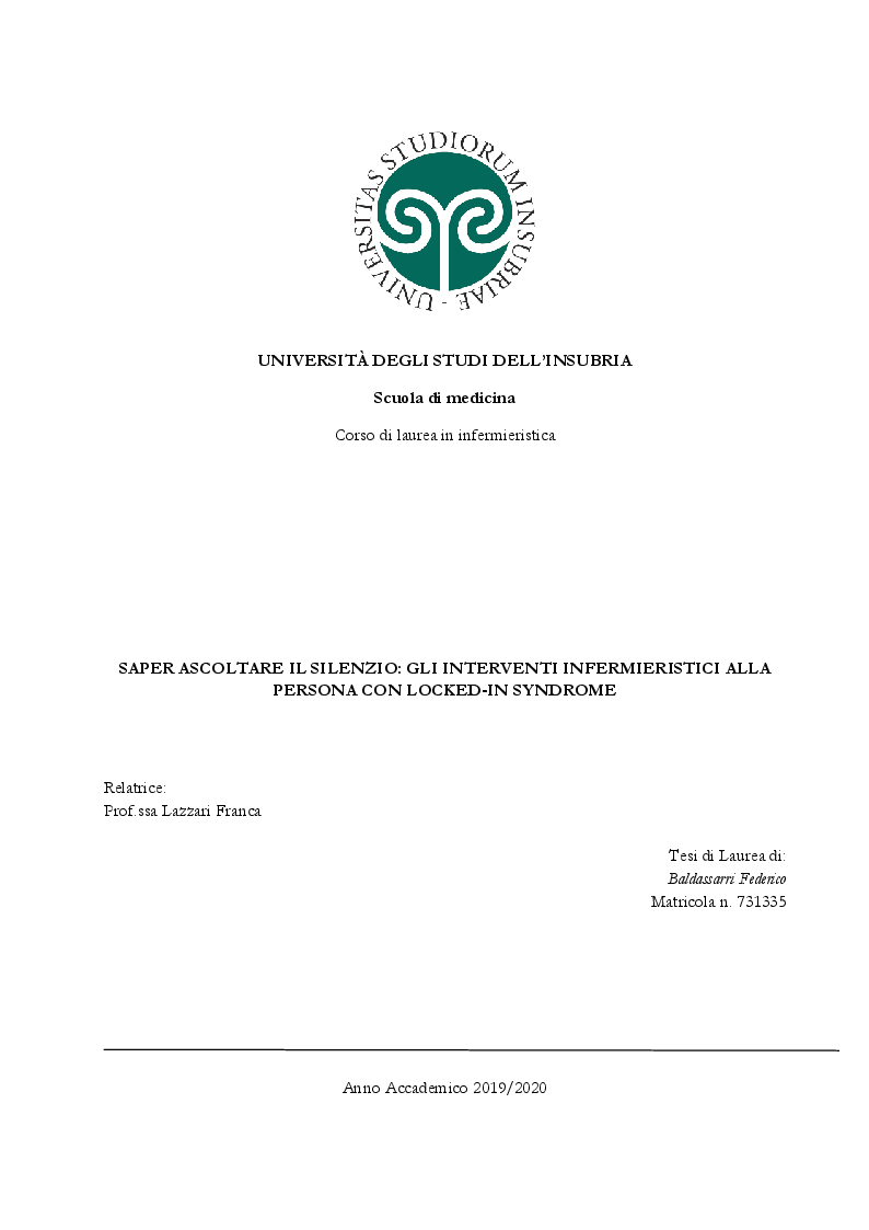 Anteprima della tesi: Saper ascoltare il silenzio: gli interventi infermieristici alla persona con Locked-in Syndrome, Pagina 1
