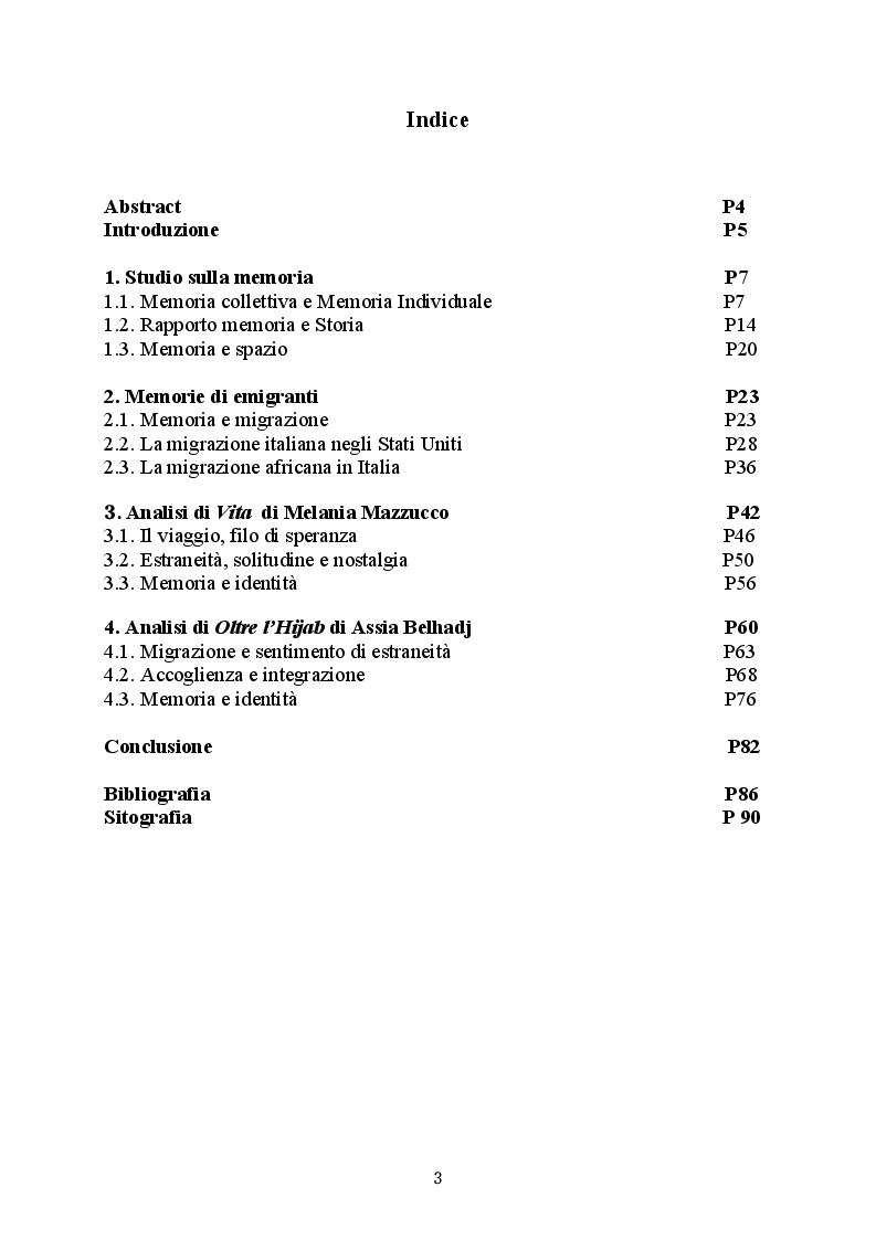 Indice della tesi: Memoria e migrazione: «L'Italia tra passato e presente» Ricerca su Vita di Milania Mazzucco e Oltre l'hijab di Assia Belhadj, Pagina 1