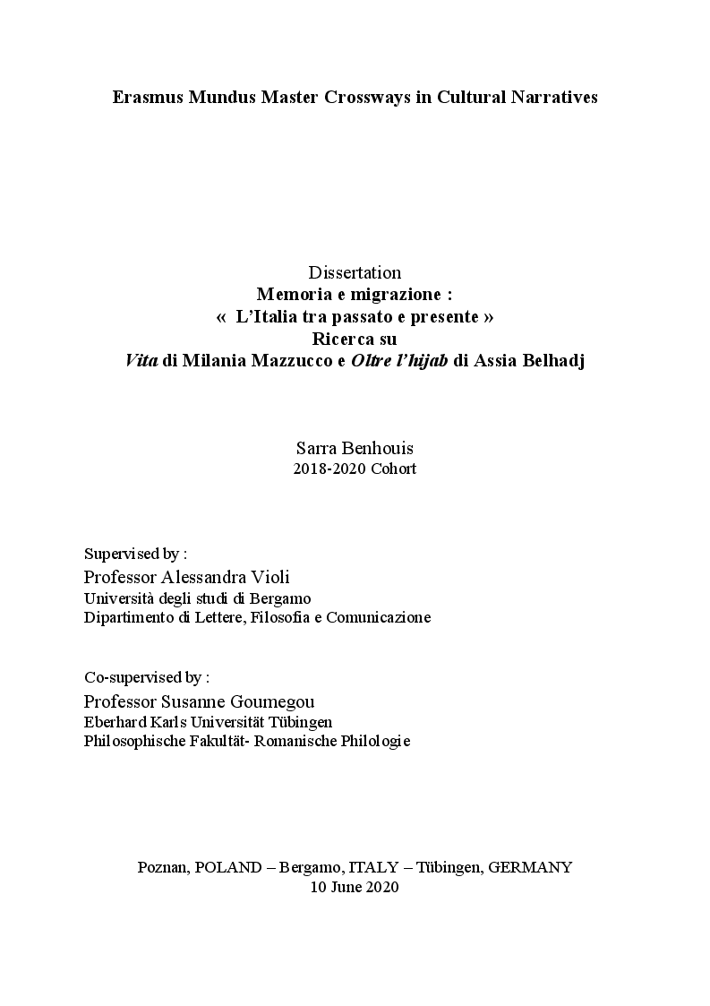 Anteprima della tesi: Memoria e migrazione: «L'Italia tra passato e presente» Ricerca su Vita di Milania Mazzucco e Oltre l'hijab di Assia Belhadj, Pagina 1