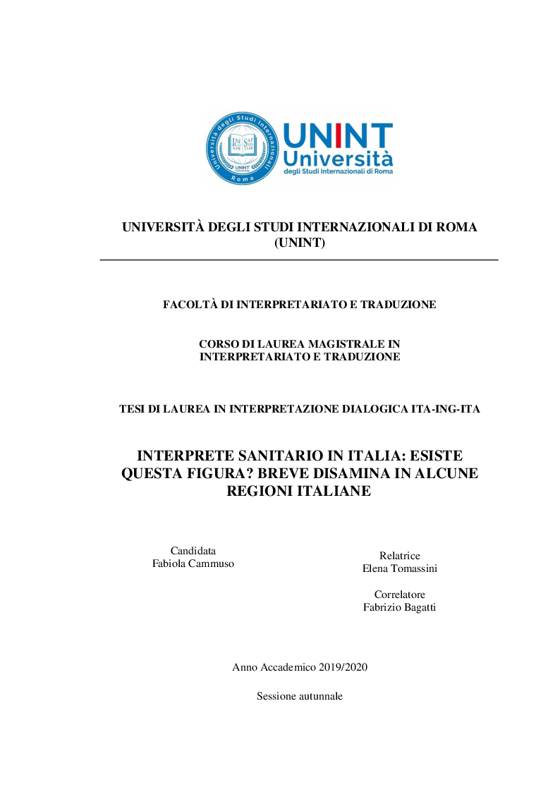 Anteprima della tesi: Interprete sanitario in Italia: esiste questa figura? Breve disamina in alcune regioni italiane, Pagina 1