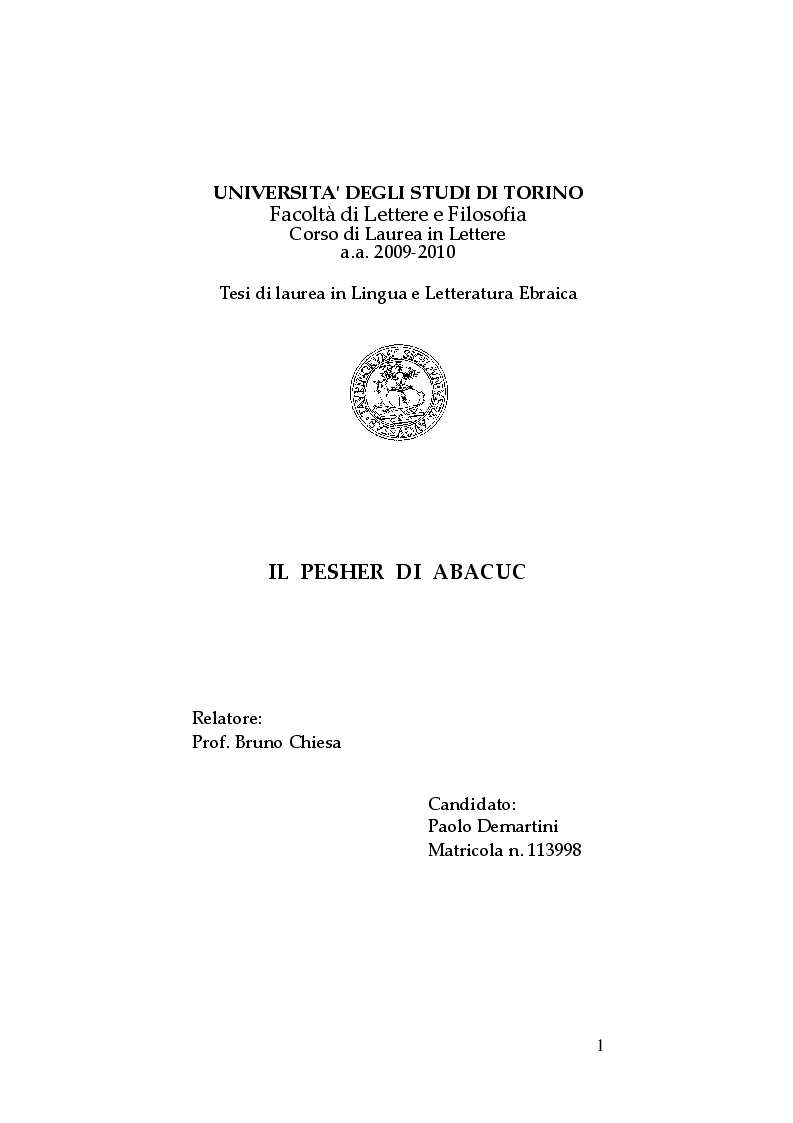 Anteprima della tesi: Il Pesher di Abacuc, Pagina 1