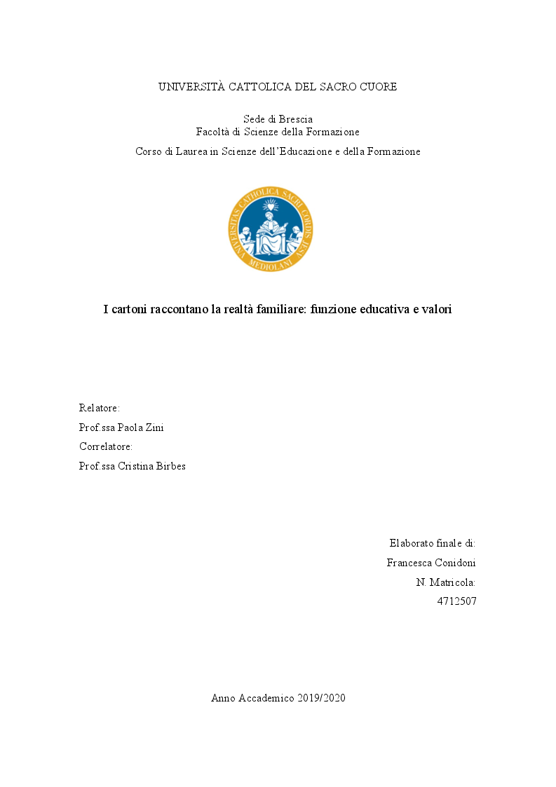 Anteprima della tesi: I cartoni raccontano la realtà familiare: funzione educativa e valori, Pagina 1