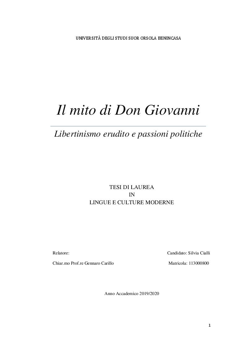 Anteprima della tesi: Il mito di Don Giovanni: libertinismo erudito e passioni politiche, Pagina 1