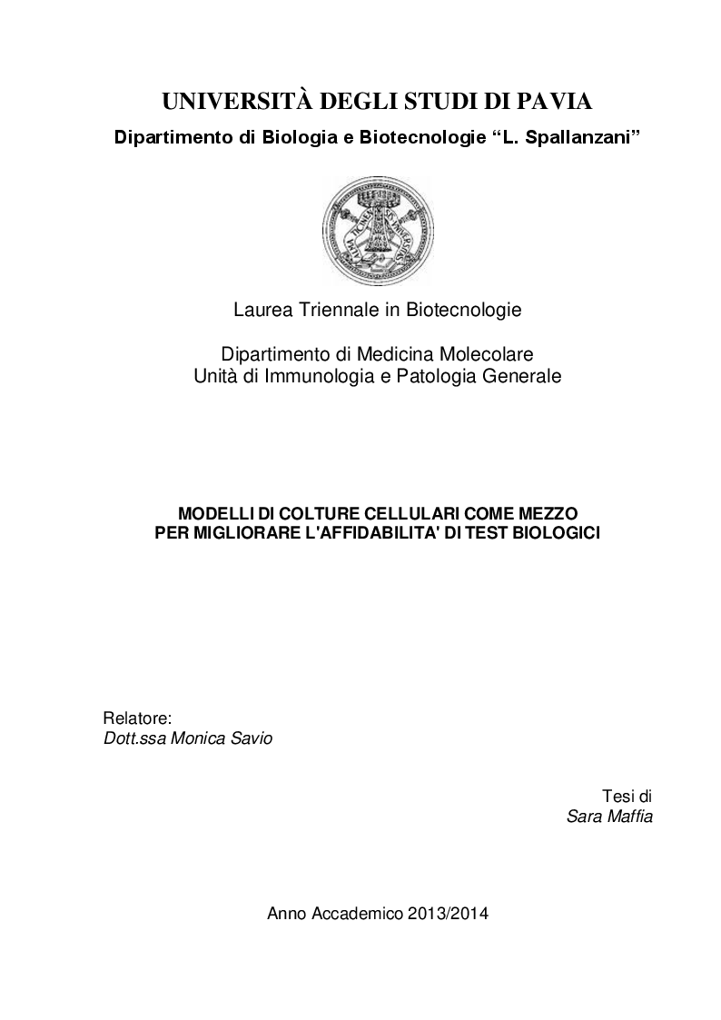 Anteprima della tesi: Modelli di colture cellulari come mezzo per migliorare l'affidabilità di test biologici, Pagina 1