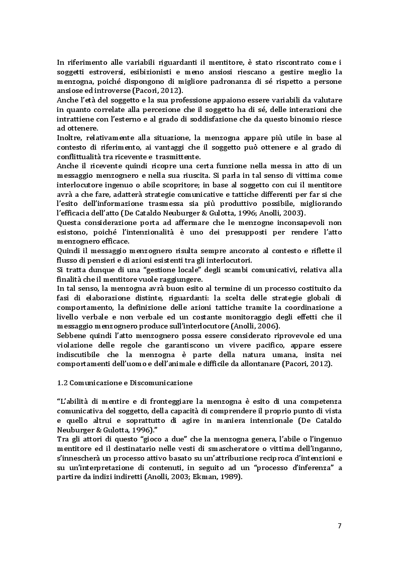 Anteprima della tesi: La Menzogna: gli indicatori verbali e non verbali costituenti l’atto menzognero., Pagina 4