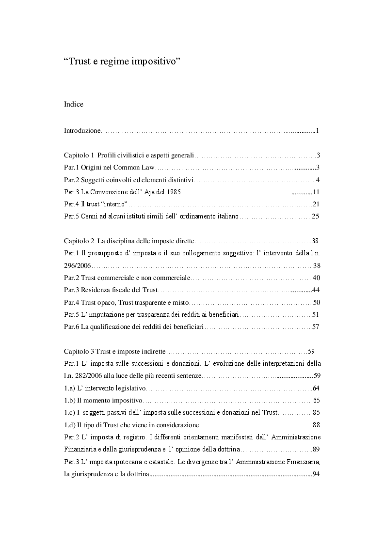 Indice della tesi: Trust e regime impositivo, Pagina 1