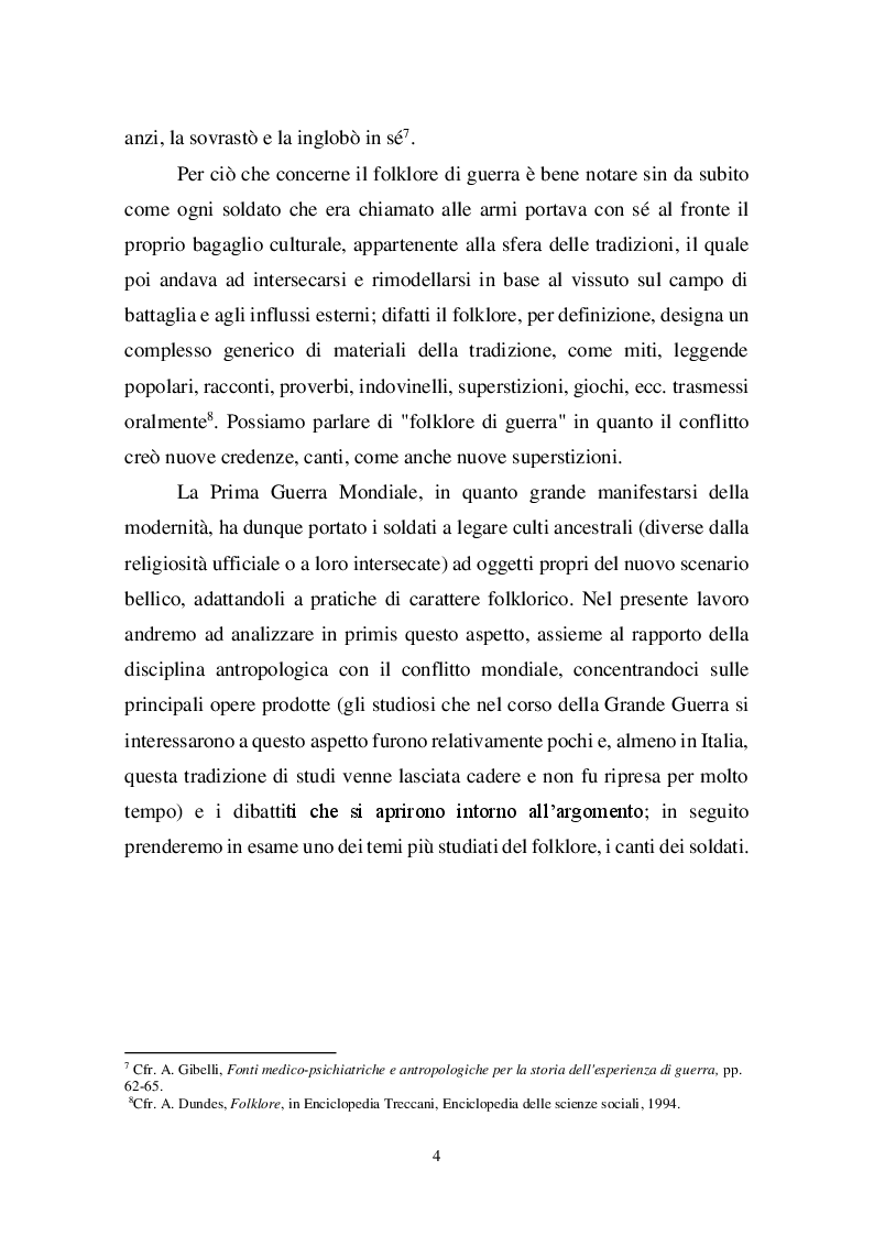 Anteprima della tesi: Il folklore e la Grande Guerra: canti, credenze e pratiche simboliche dei soldati italiani, Pagina 4