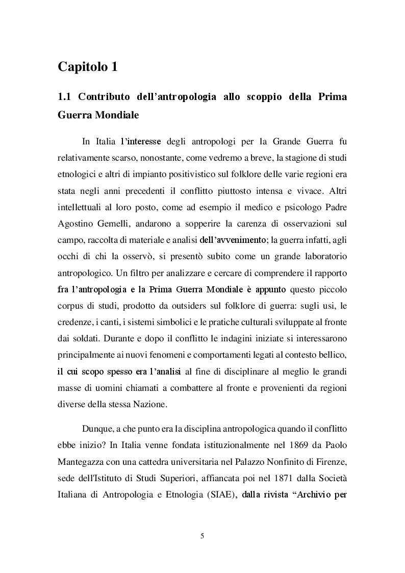 Anteprima della tesi: Il folklore e la Grande Guerra: canti, credenze e pratiche simboliche dei soldati italiani, Pagina 5