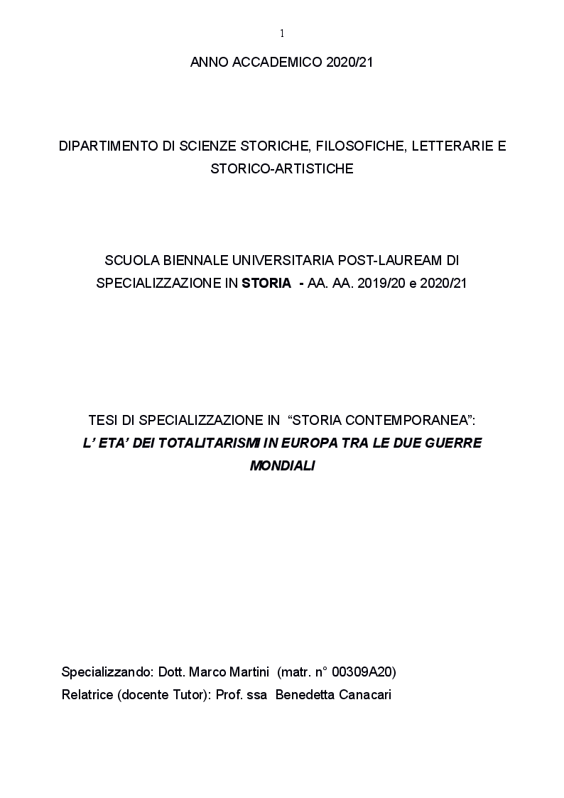 Anteprima della tesi: L'età dei totalitarismi in Europa tra le due guerre mondiali, Pagina 1